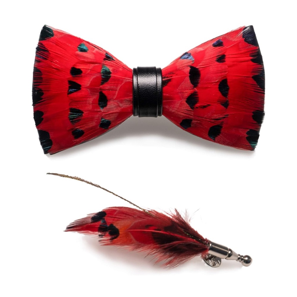 Men’s Handmade Pre Tied Feather Bow Tie and Matching Lapel Pin Box Set Red